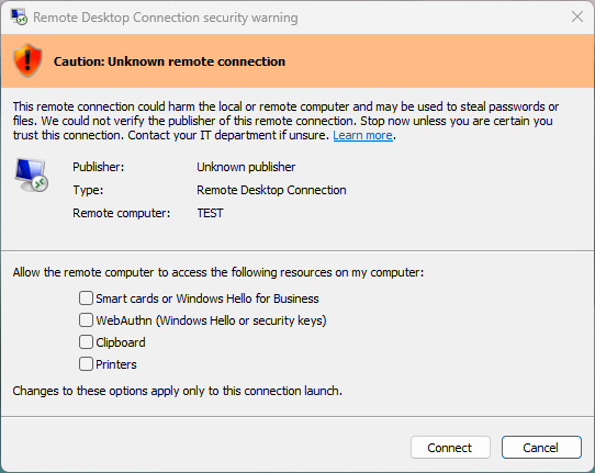 dialog with unsigned (or signed but untrusted) .rdp file. appears every time.