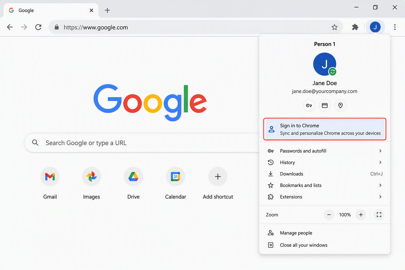 Chrome profile icon menu with the "Sign In to Chrome" option highlighted