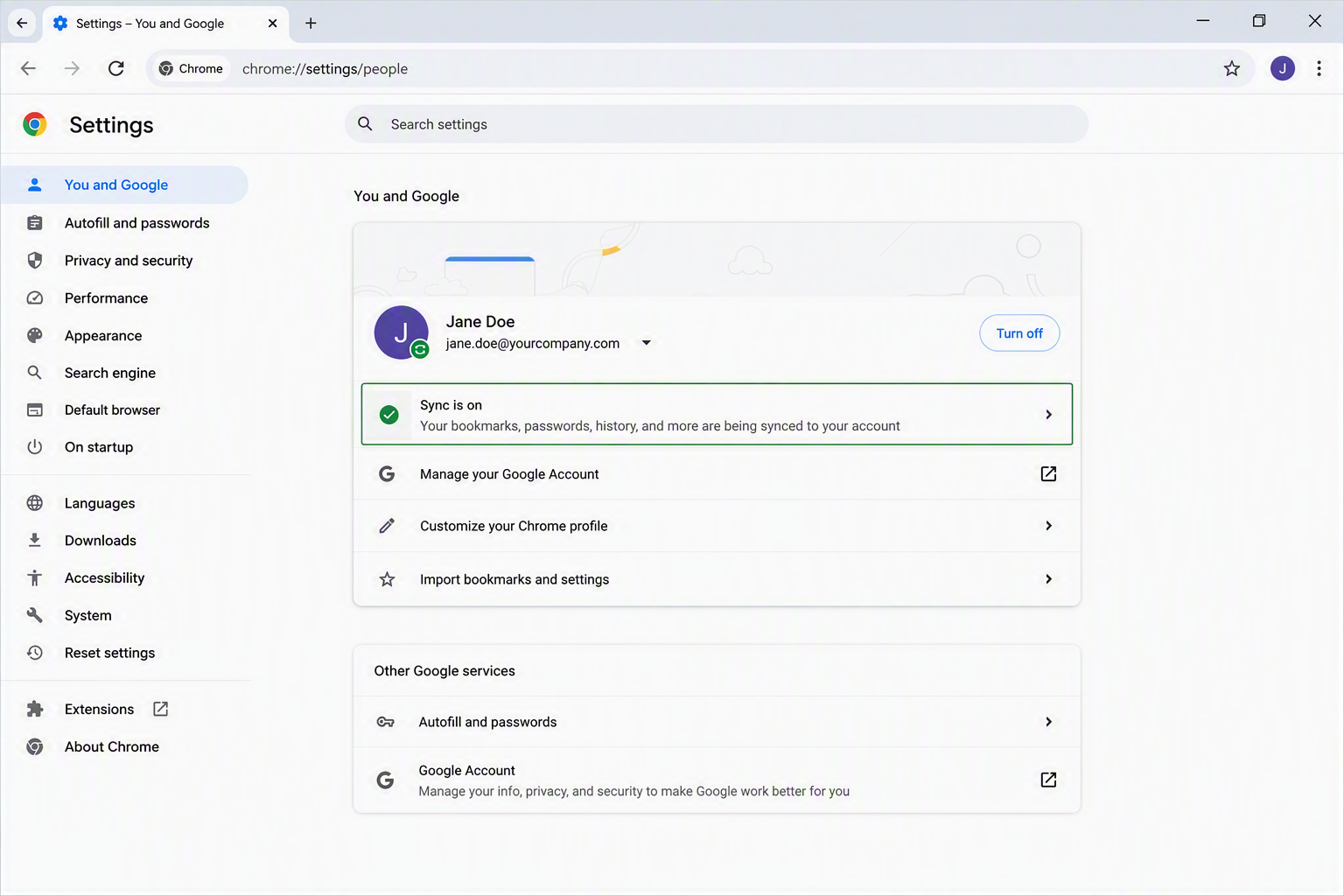 Chrome Settings page showing "Sync is On" under the account profile