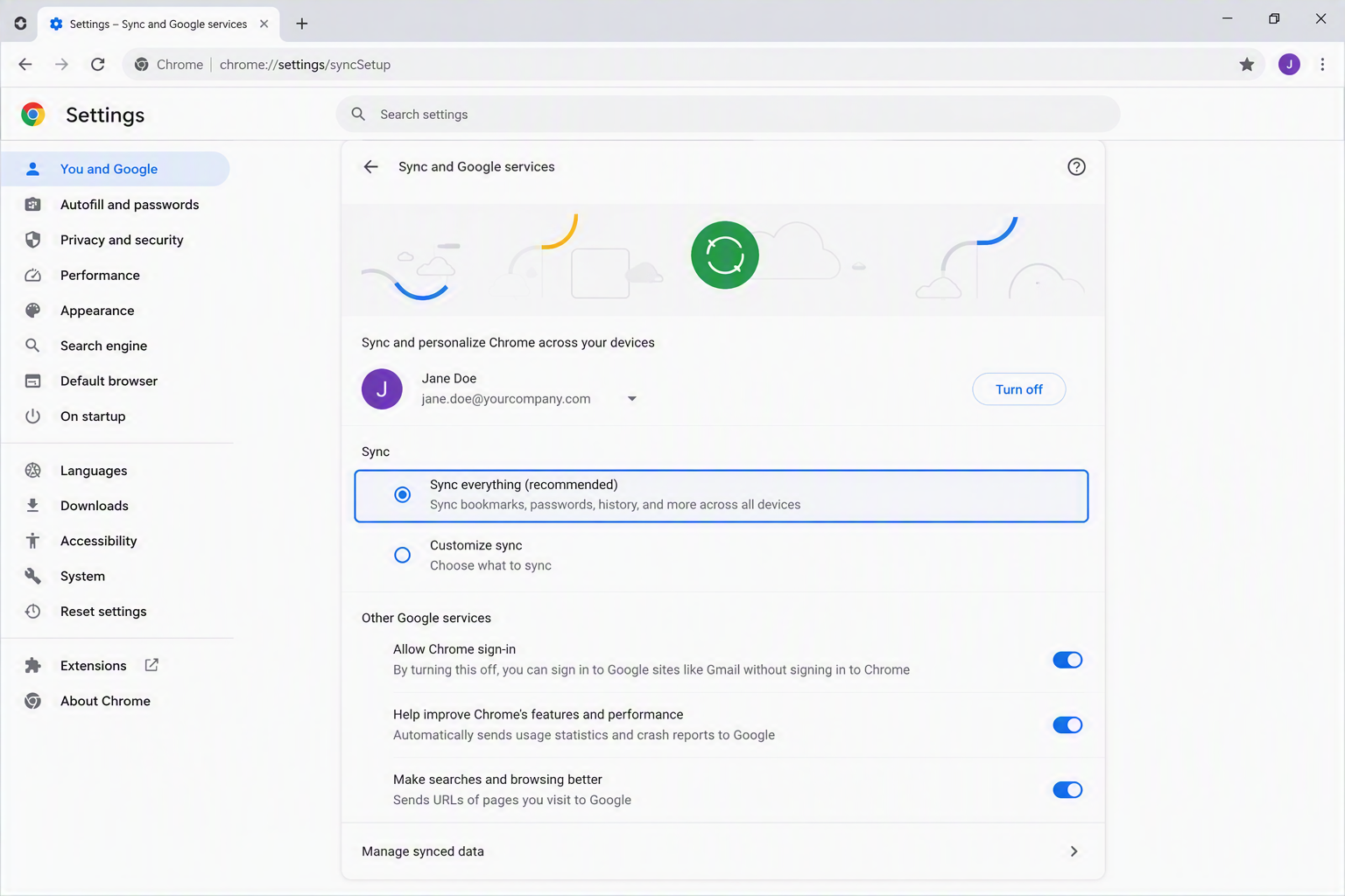 Chrome Sync settings page with "Sync Everything" enabled