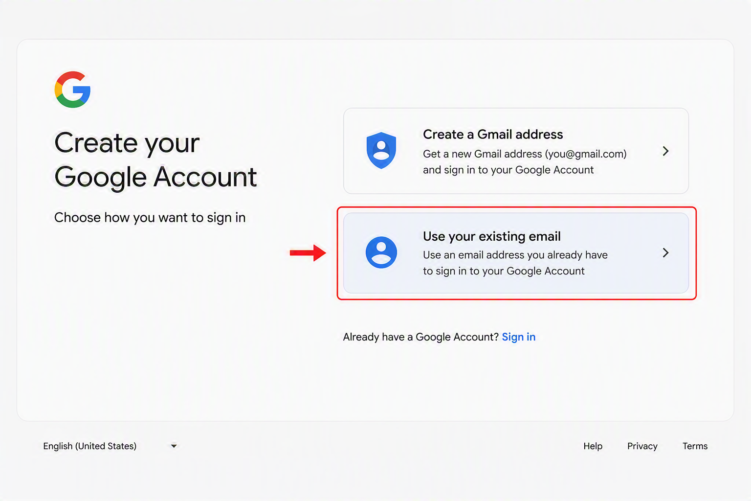 Google Account creation screen with the "Use your existing email" option highlighted