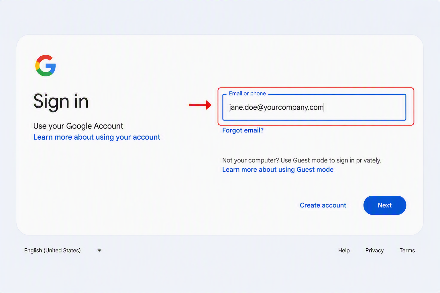 Google sign-in screen with a company email address entered to check for an existing Google account