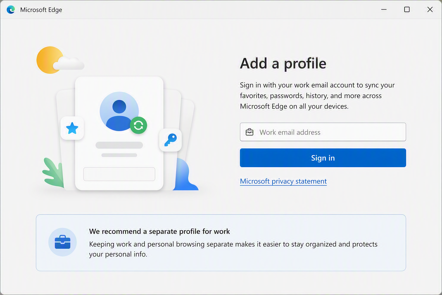 Microsoft Edge Add a profile screen prompting sign-in with a work email address to sync favorites and passwords