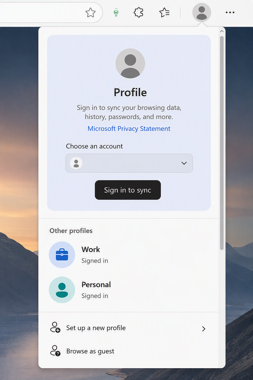 Two Microsoft Edge profile cards side by side, one for a Work account and one for a Personal account