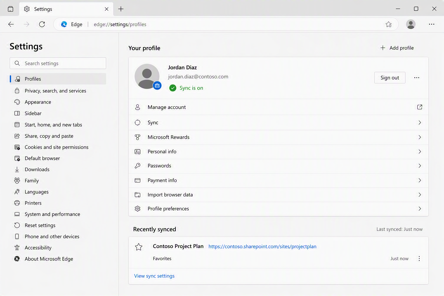 Microsoft Edge Settings page showing Sync is on under the account profile