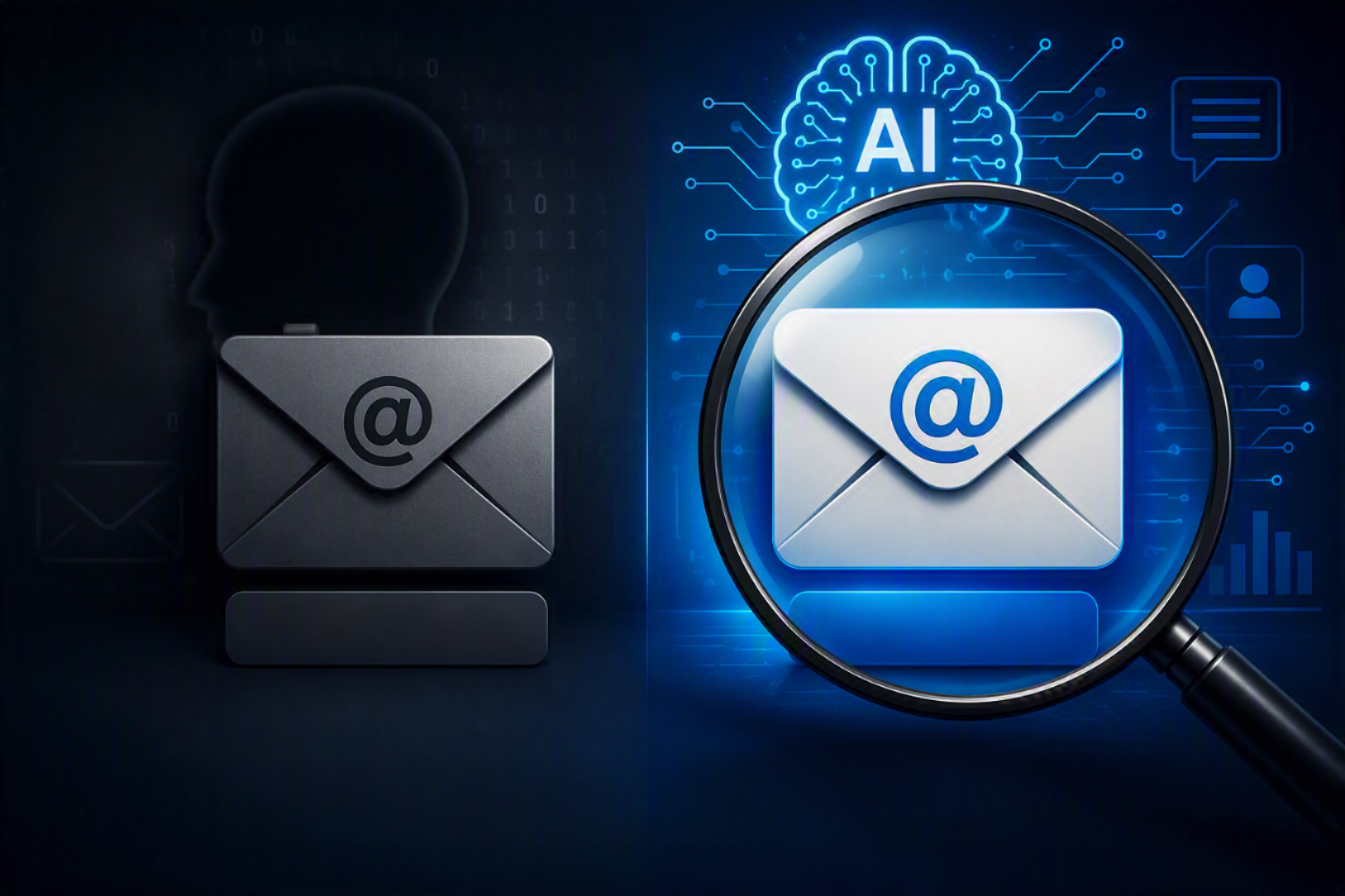 Two email icons, one personal and one business, illustrating the difference between personal-email and company-email AI accounts